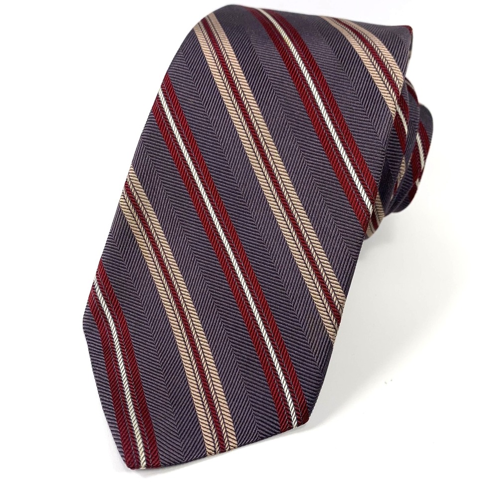 Vintage Christian Dior Cravates Mens Tie Gray w Gold & Maroon Striped Silk Repp
